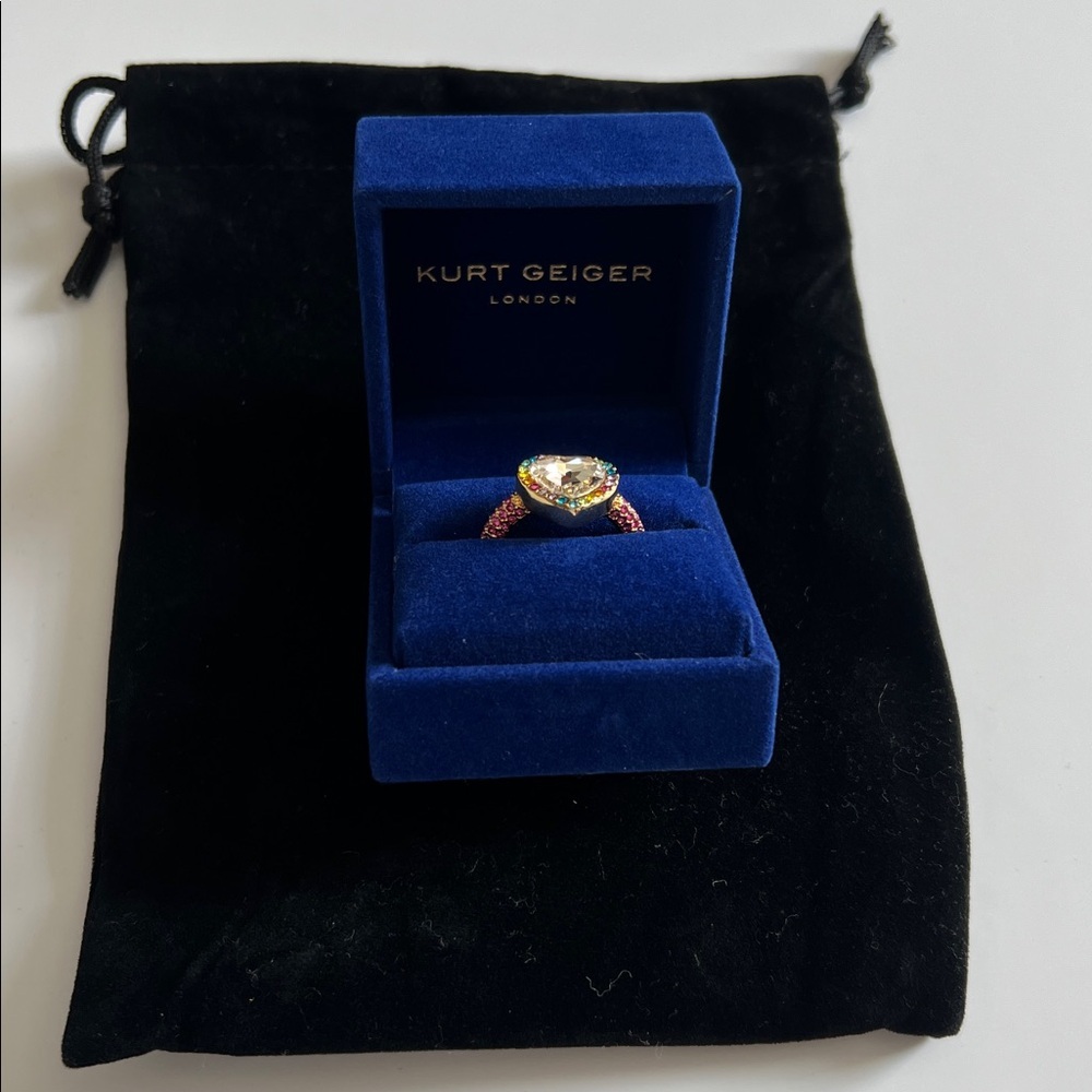 NIB Kurt Geiger London Rainbow Crystal Heart Cocktail Ring – Gold Tone/Pink - Picture 12 of 12